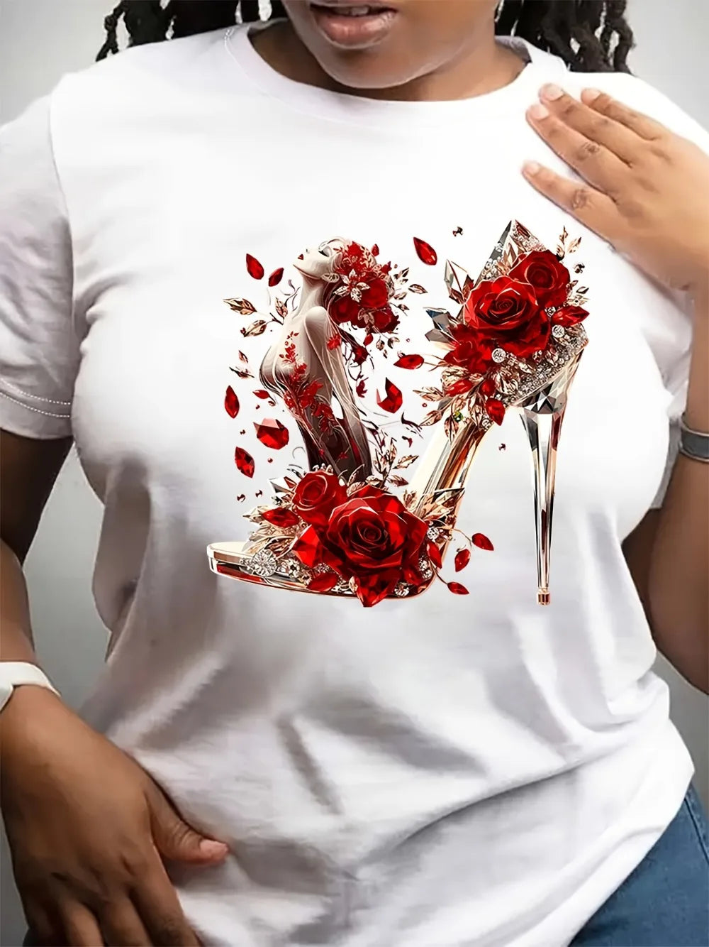 Short Sleeve Crew Neck Vibrant Crystal High Heel Rose Graphic Print Women's T-Shirt Urban Style Printed Design in Vibrant Colors