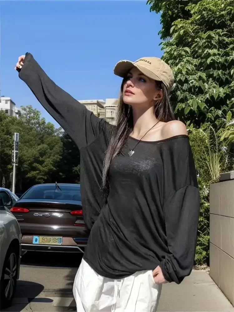 Sexy Sheer Baggy T-shirt for Women 2026 Casual Fashion Loose Pullovers Chic Lazy Solid Color Off Shoulder Top Streetwear