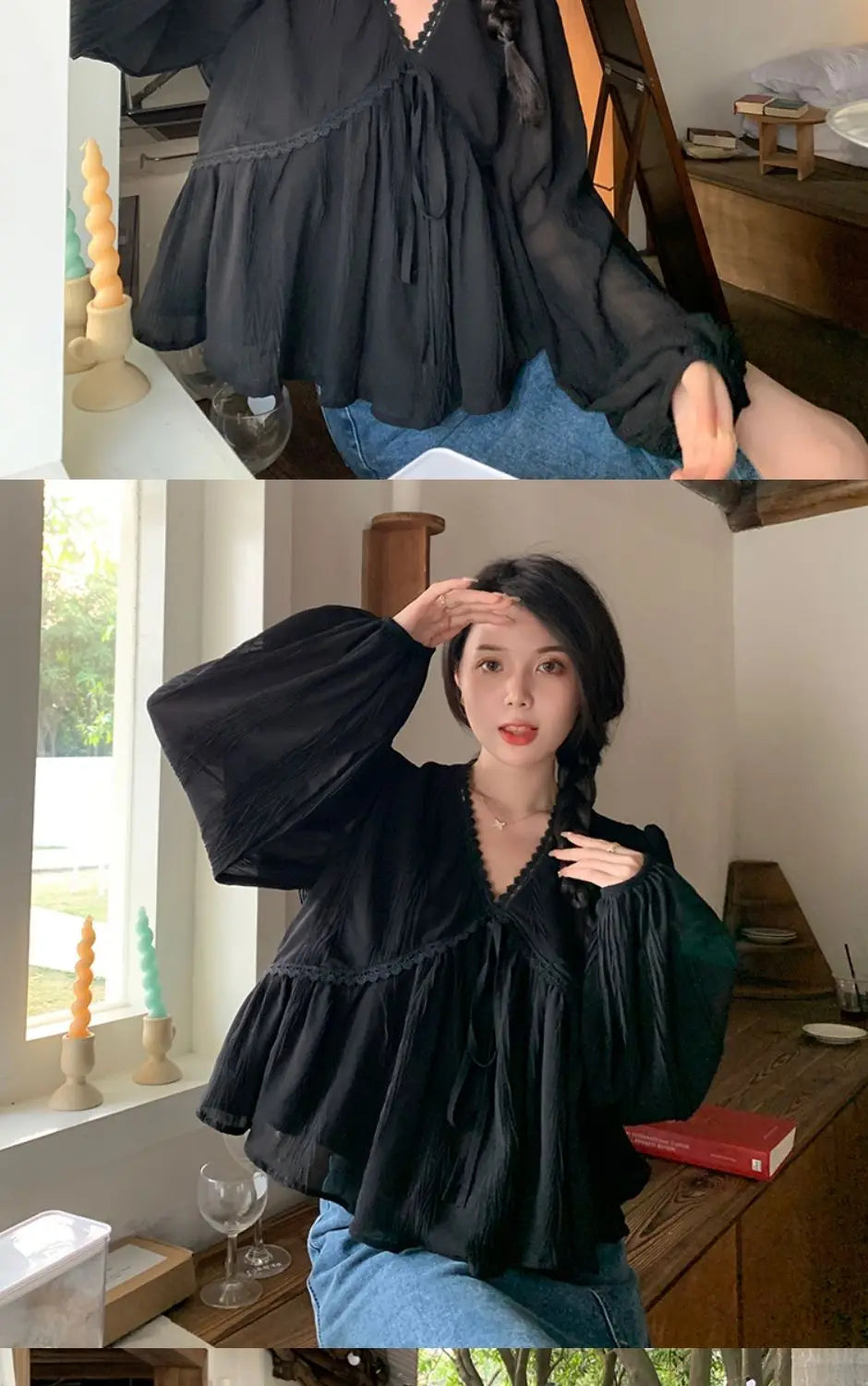 🎀✨ **Vintage V-Neck Long Sleeve Blouse 🤍🌷**