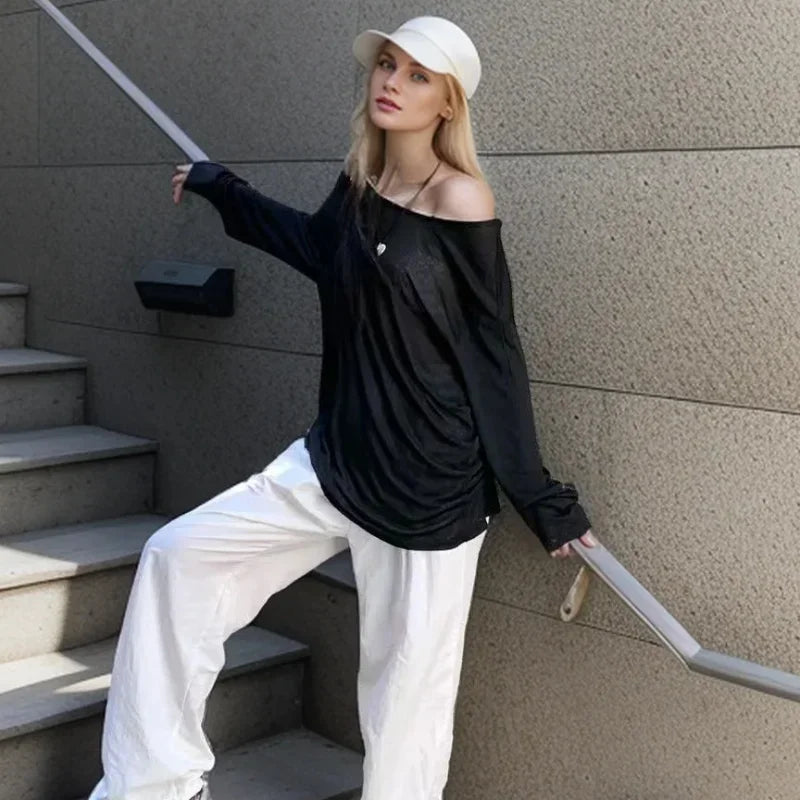 Sexy Sheer Baggy T-shirt for Women 2026 Casual Fashion Loose Pullovers Chic Lazy Solid Color Off Shoulder Top Streetwear