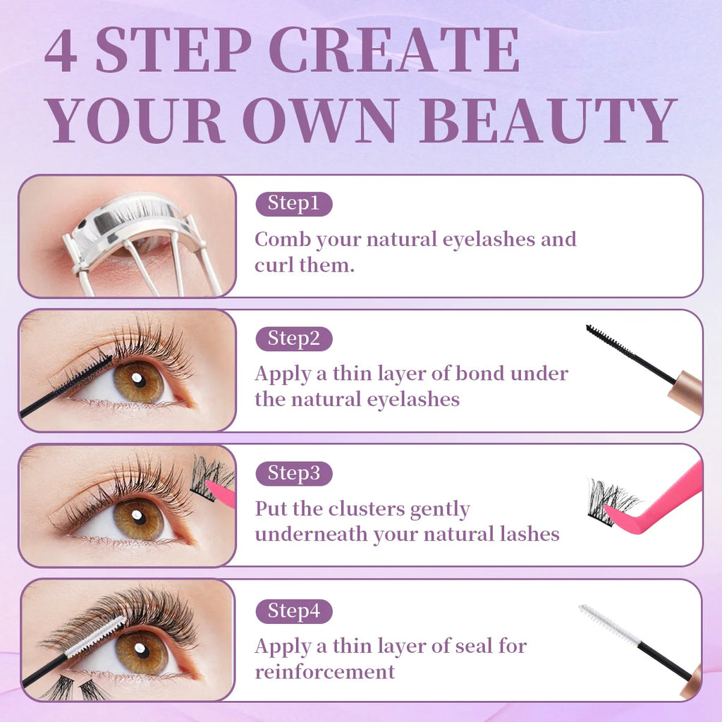 ISEEN DIY Eyelash Extension Kit Cluster Mix Eyelashes Full Set Lashes Kit with Lash Bond & Seal and Eyelash Tweezers and Brush