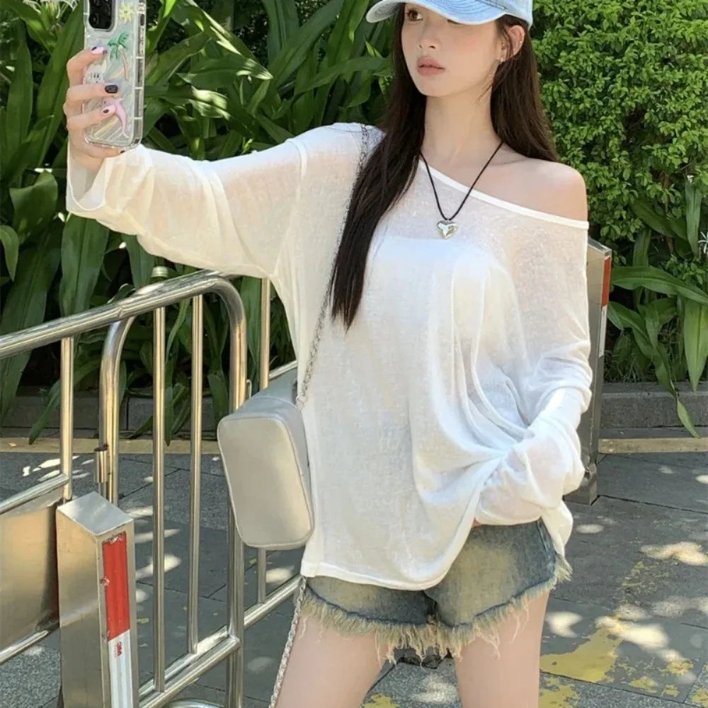 Sexy Sheer Baggy T-shirt for Women 2026 Casual Fashion Loose Pullovers Chic Lazy Solid Color Off Shoulder Top Streetwear
