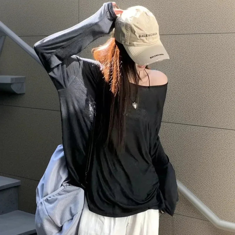 Sexy Sheer Baggy T-shirt for Women 2026 Casual Fashion Loose Pullovers Chic Lazy Solid Color Off Shoulder Top Streetwear