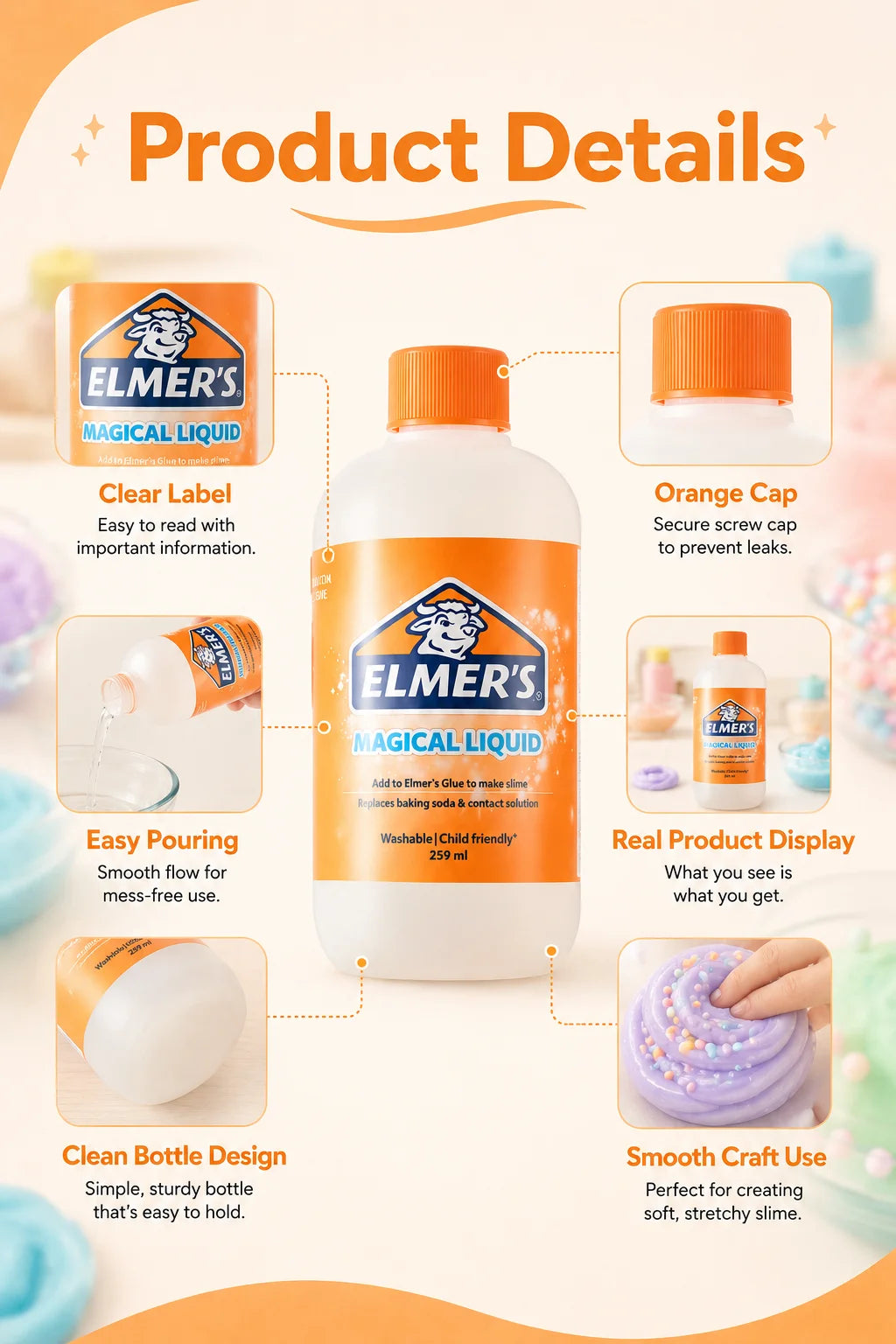 ELMER'S Magical Liquid Slime Activator Washable Clear Mixing Solution For DIY Slime Making Kids School Craft 259ml
