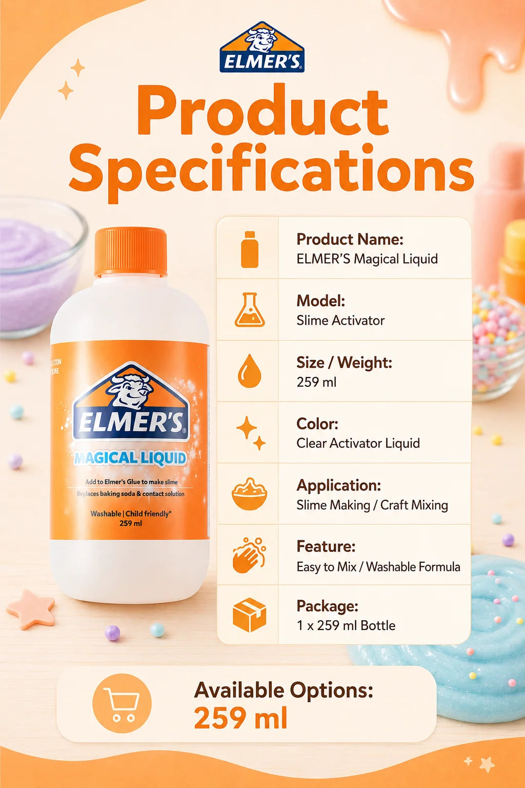 ELMER'S Magical Liquid Slime Activator Washable Clear Mixing Solution For DIY Slime Making Kids School Craft 259ml